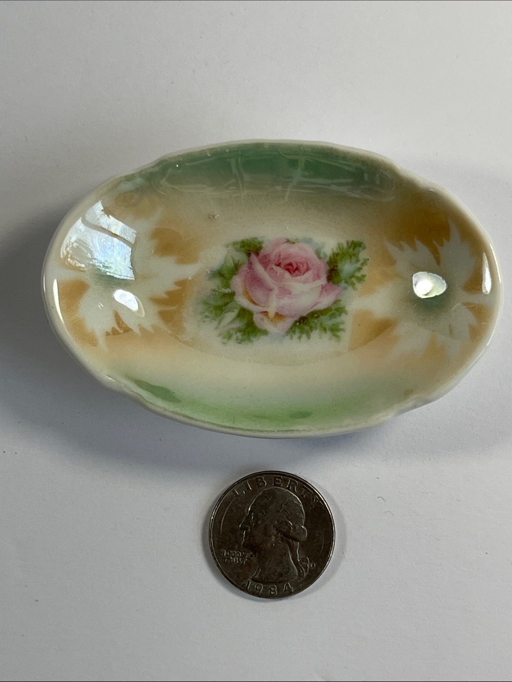 Vintage Miniature Porcelain Oval Trinket Dish with Pink Rose & Green Trim